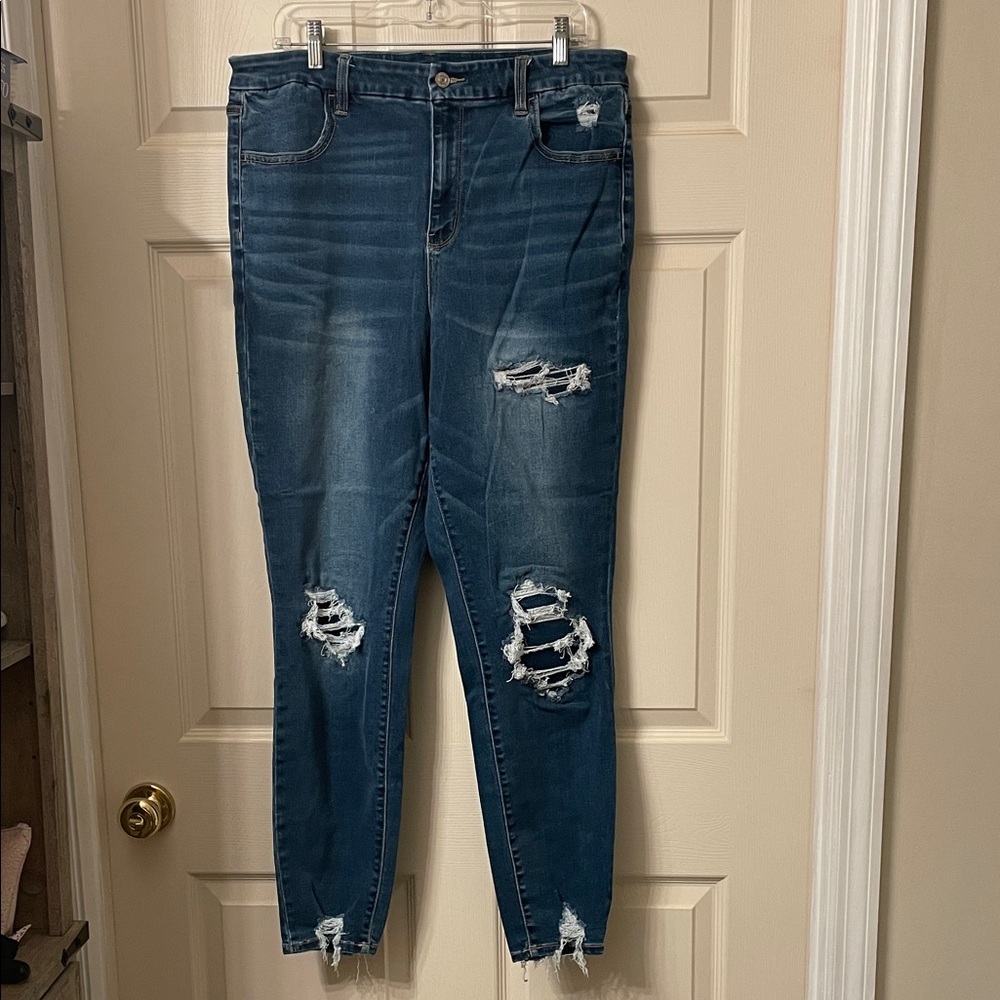 American Eagle Outfitters Dark Blue Distressed high rise jegging